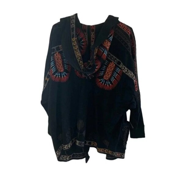 Biya Johnny Was Embroidered Hooded Open Front Cardigan Black Boho S - Picture 2 of 12